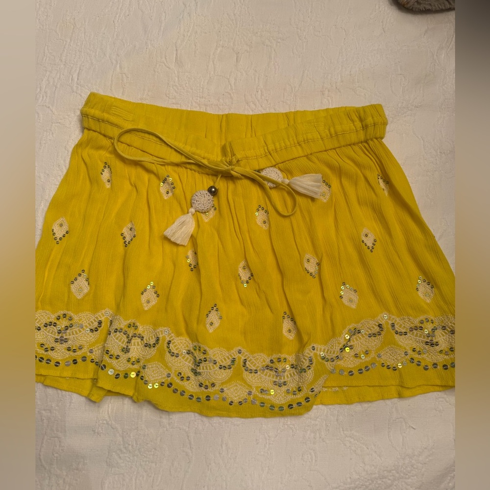 Ramy Brook Yellow Embroidered Mini Skirt with Tassel Tie